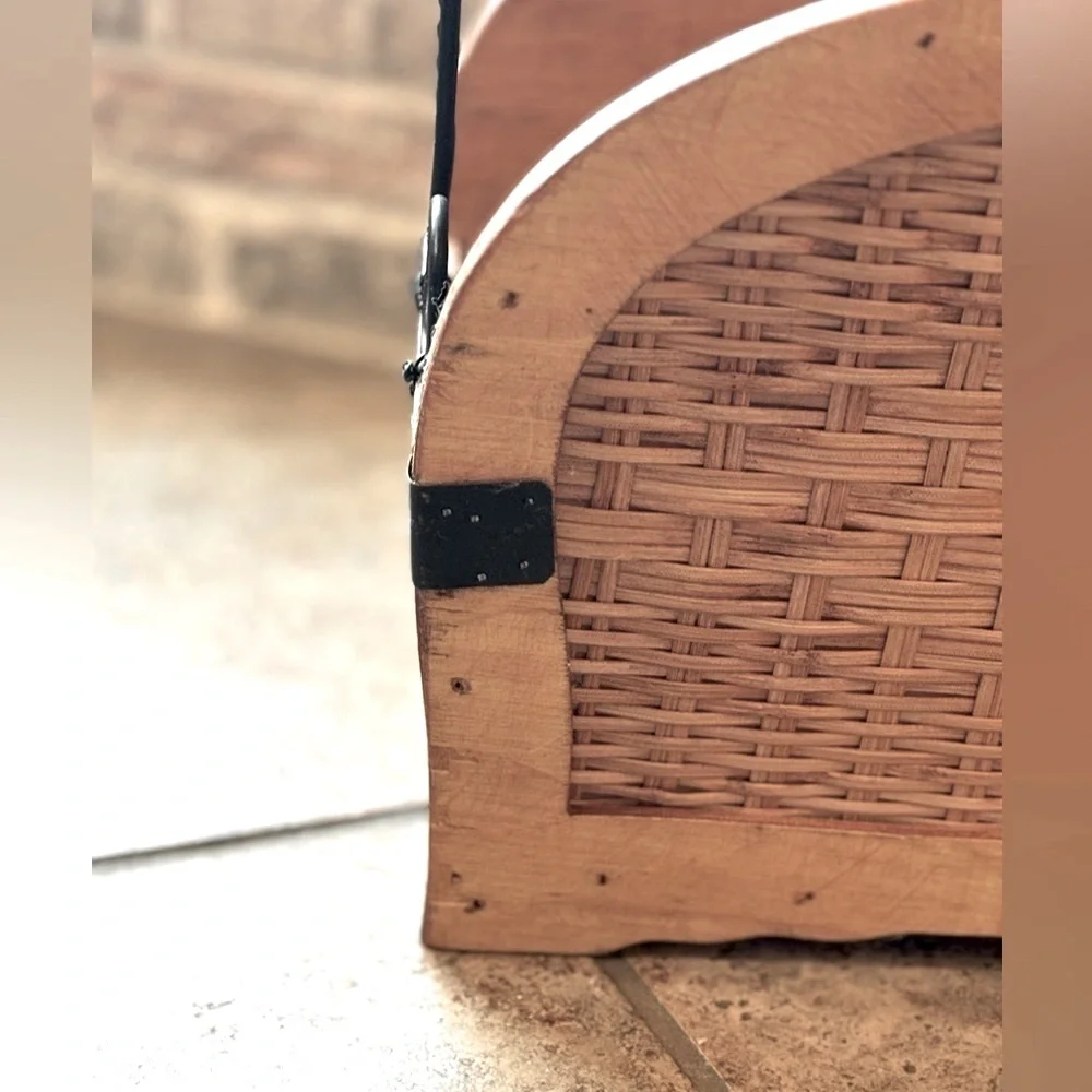 Woven Wooden Magazine Holder. 13”x13.5. Textured | Iron Accents | Vintage.
